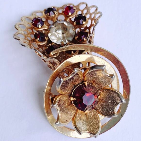 VTG Mid Century Gold Tone Rhinestone Fan Flower Brooch Costume Jewelry 50s 60s - Picture 6 of 10